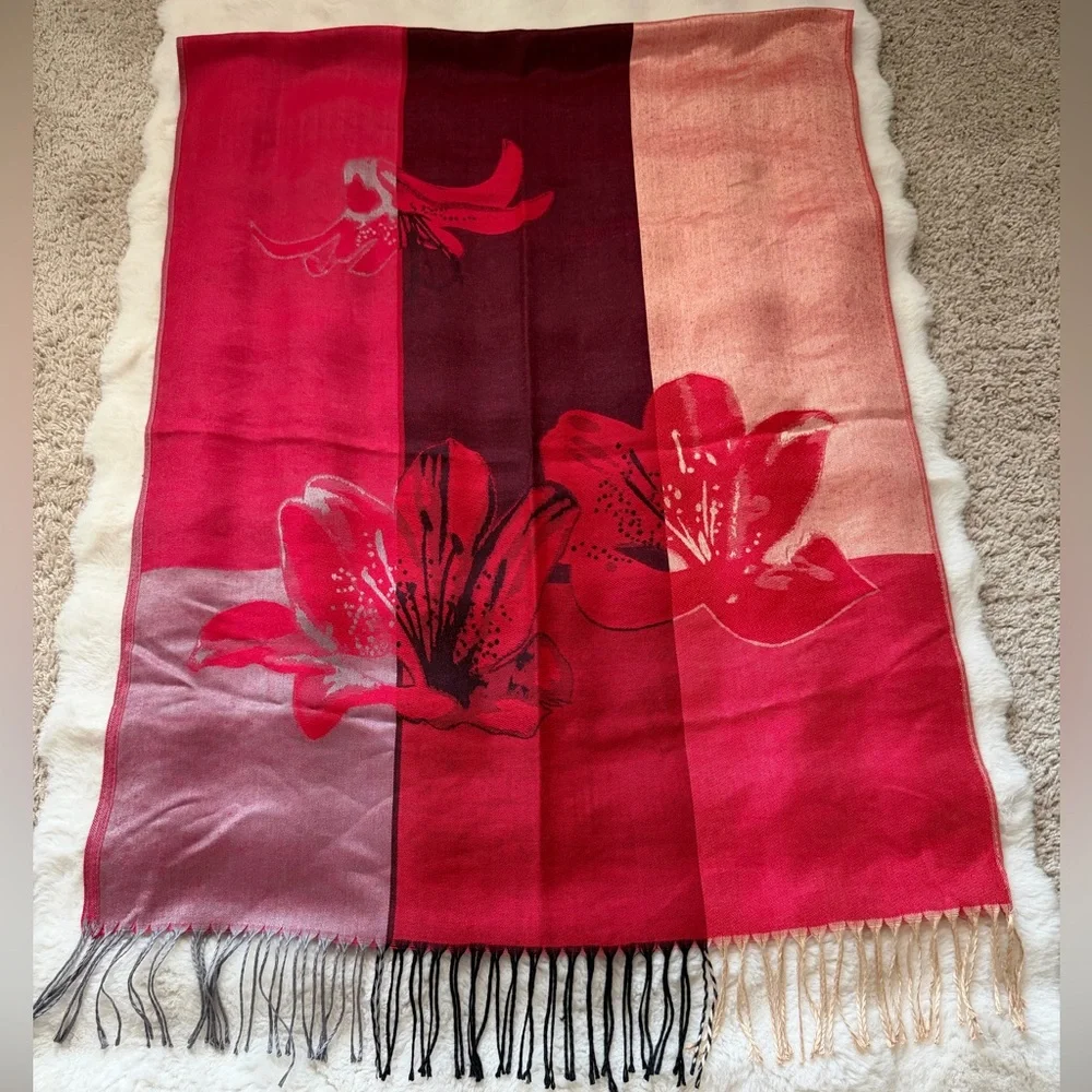 Floral Ombré Red and Pink Scarf Wrap Shawl-72’& 27’